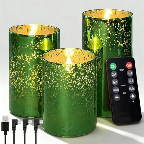 NICE POINT LED Kerzen mit Timerfunktion und Fernbedienung, USB Aufladbare Echtwachskerzen 3er Set Grün, flackernde Flamme, 55-100 Std. Laufzeit für Weihnachten,Schlafzimmer Dekoration