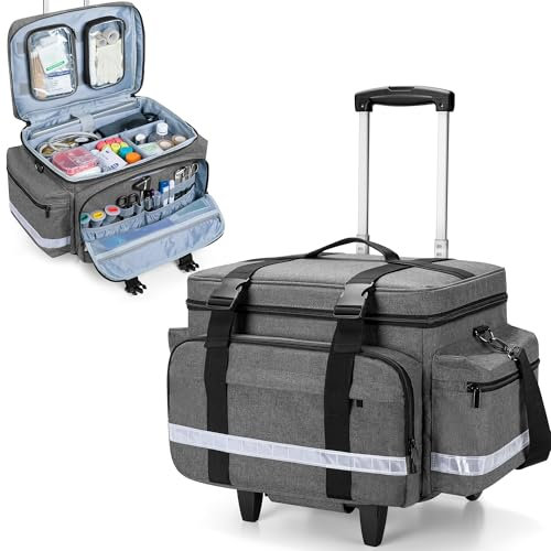 Damero Medizinische Tasche mit abnehmbarem Trolley, Tasche für medizinische Ausrüstung mit abnehmbaren Taschen und Trennwänden, Erste-Hilfe-Tasche leer für Krankenschwestern und Ärzte zu Hause, Grau