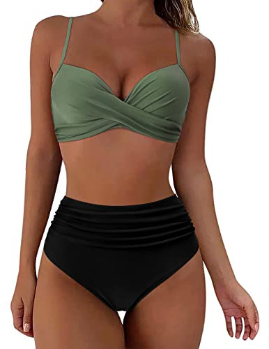 TYUIOP Bikini Oberteil Damen Sets high Waist Schwimmanzug Zweiteiliger Badeanzug Schulter bademode Swimsuit Set blau Bikinihose schwarz mit Bein Tankini