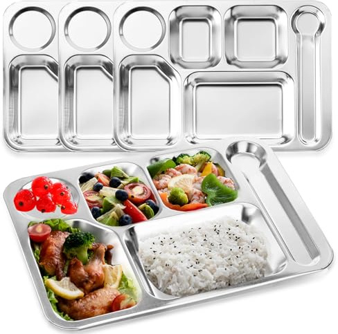 Nexboraque - 4 Pack Stainless Steel Divided Plates, 6 Rectangular Sections Control Plates for Adults, Picky Eaters, Campers, Portion Control Diet Food