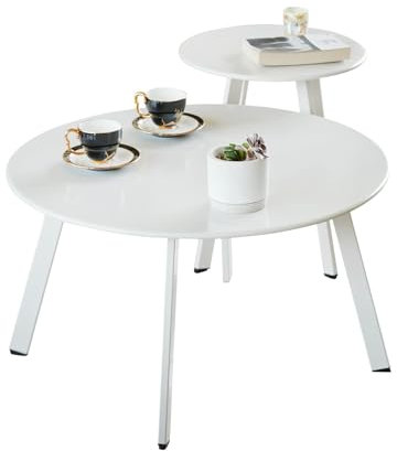 Fokebel Patio Couchtisch 2er Set, wetterfester runder Beistelltisch für den Außenbereich, Nisttische für Wohnzimmer, Balkon, Büro, weiß