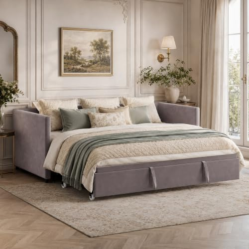 Ausziehbares Schlafsofa 90/180x200 cm, Ausklappbares Sofa mit Lattenrosten, 2-Sitzer-Sofa, Doppelbett Polsterbett, Multifunktionsbett, Samtstoff, Grau, Ohne Matratze