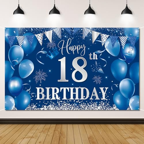 18. Geburtstag Banner Blau, Geburtstagsbanner 18, Geburtstagsdeko für Jungen & Mädchen, 18 Geburtstag Hintergrund Banner für 18 Party Geburtstagsdeko, 180 * 110 CM