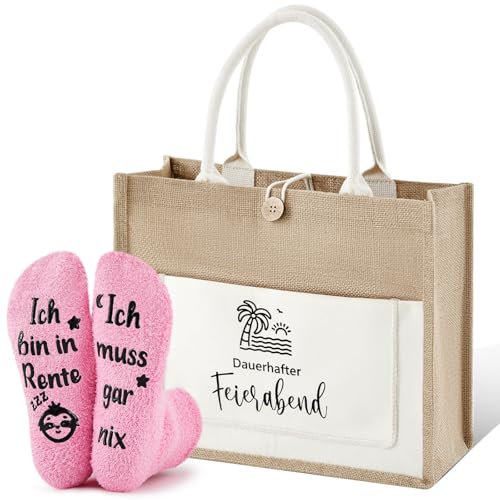 Xuniea Geschenken für Rentner Enthalten Jute Einkaufstasche und Socken zum Ruhestand Jutebeutel für Renteneintritt Abschied Lustig Gifts für Kollegin Frauen Mama