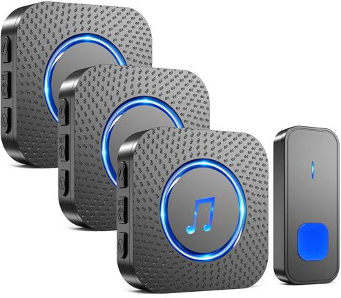 SURFOU Campanello Senza Fili da Esterno Interno, Campanello Casa Wireless con 3 Ricevitori, Pulsante a Lunga Distanza di 400m, 55 Suonerie, 5 Volumi Selezionabili, Indicatore LED, Nero
