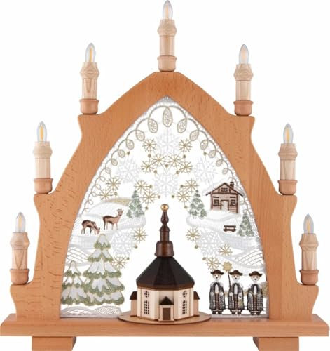 PGV Original Erzgebirgischer Holz-Schwibbogen Lichterbogen mit Plauener Spitze - Seiffener Kirche - Buche hell