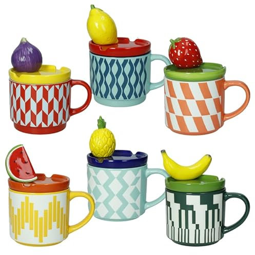 BRANDANI Tazza Mug Colazione Le Fruttore con Coperchio 50033 Frutta Righe Porcellana Bone China Multicolore Diam.10cm H.10cm lavastoviglie Microonde