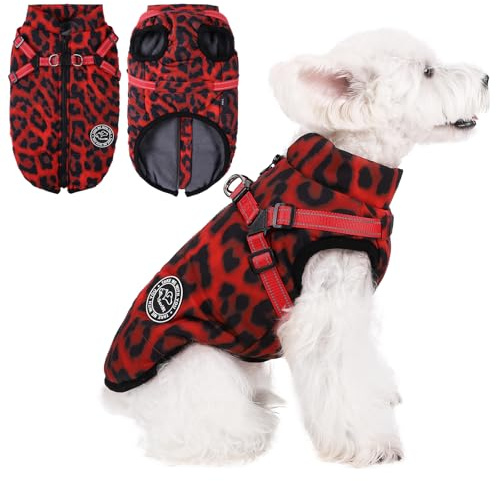 Savlot Hundejacke Wasserdichter und Reflektierender Wintermantel mit Integriertem Geschirr und Reißverschluss Welpen Schneeanzug mit Leopardenmuster
