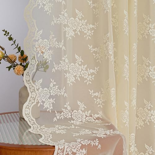 MYSKY HOME Gardinen Spitze Vorhänge mit Kräuselband Vintage Transparent | Hellgelb,2er Set,H225 x B140 cm,Landhaus Gardine Boho,Blumen Bestickte Spitzengardinen,Modern Dekoschal für Schlafzimmer