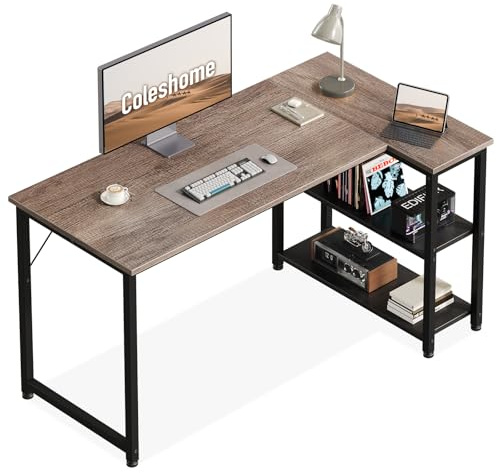 Coleshome Escritorio Gaming, 120x70 cm Escritorio Esquinero con Estante de Almacenamiento Reversible, Mesa Escritorios Que Ahorra Espacio,Escritorio Ideal para el Rincón Familiar,Gris