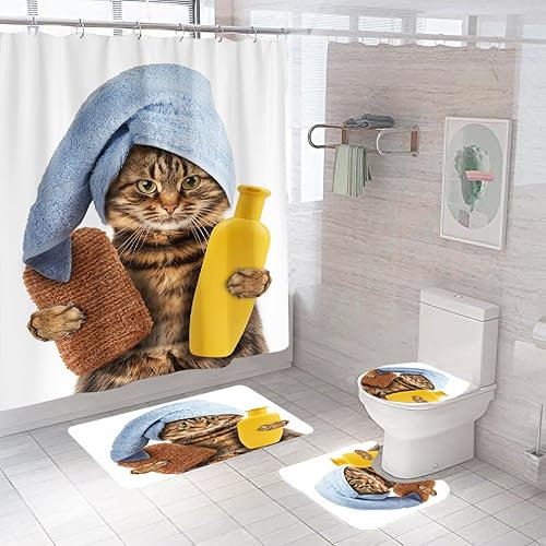 Badgarnitur 3 Teilig Badezimmerteppich Waschbar Badematte rutschfest,Wc Vorleger Mit Ausschnitt Und Badematte, Badvorleger Toilette Teppich 45X75Cm Katze