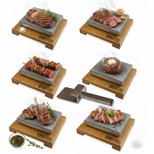 Pietra lavica per grigliare, grigio, 20 x 20 cm, doppia superficie di cottura, moderna, confezione da 3 pezzi, base in legno, per forno e barbecue
