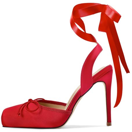 Vertundy Women's Satin Ballet Heels Lace Up Square Toe Stiletto High Bow Ballerina Heels, Red, 9