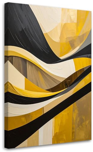 Feeby Wandbild - Wohnzimmer Modern Deko - Linien Formen gelb schwarz gold - 40x60 1tlg - Bilder Leinwand - Bild auf Leinwand Schlafzimmer - Leinwandbilder für die Wand - Canvas Painting - Fotokunst