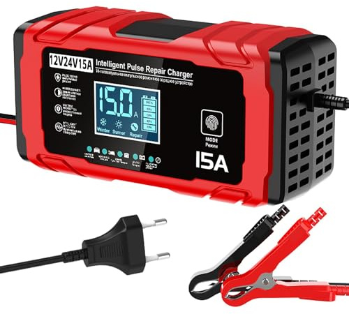 24V 15A Cargador Baterias Coche, 12V 8A Cargador de Bateria y Moto Inteligente Batería de Coche con LCD Cargadors de batería para Auto Moto Camión AGM Gel SLA