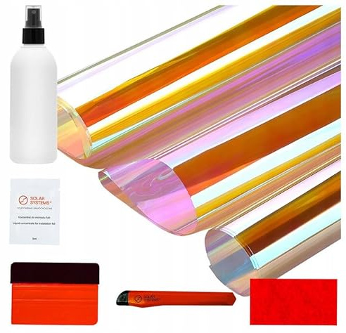 Solar Systems - Fensterfolie Rainbow Orange 60x200cm | Fensterfolie Bunt, Holografische Folie, Fenster Folie Außen, Selbstklebend, mit Montage Kit, Regenbogen Effekt, mit UV Schutz
