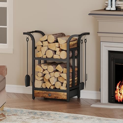 MAHANCRIS Kaminholzregal Innen Außen, 3-stöckiges Holzregal, 4 S-Haken und Stoffschublade, 68 x 30 x 73,5 cm, Metallrahmen, für Kamin & Ofen, Vintagebraun und Schwarz AFKBK4301