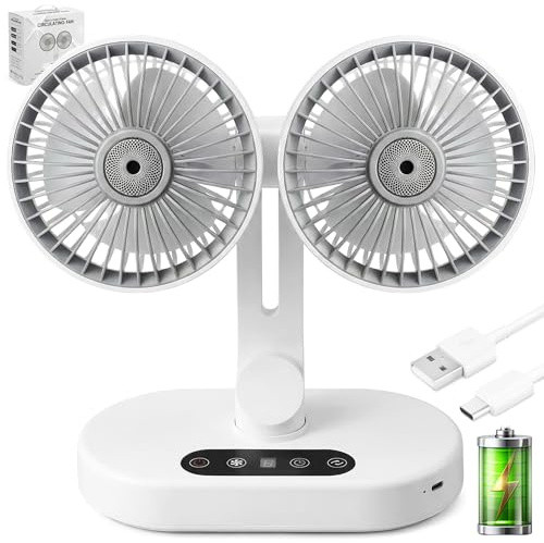 Fenxyo Dual Head Desk Fan Quiet, Rechargeable Portable Cooling Fan with Timer, 6 High Speeds Adjustment, Powerful Desktop Fan for Shared Comfort, Dual Heads Fan for Home Bedroom Office Outdoor