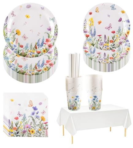 Wildflower Floral Party Tableware Set for 25 Guests, 7/9 Inch Paper Plates, Paper Napkins and Tablecloth, Ideal for Afternoon Tea, Wedding, Birthday, Baby Shower, UK Party Supplies (152 PCS )