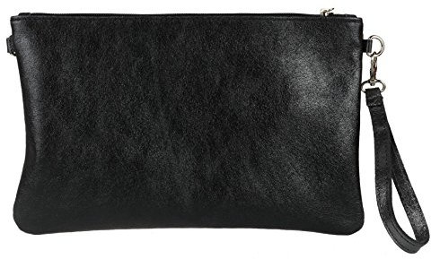 Girly Handbags Womens Genuine Italian Metallic Leather Clutch Bag (Black)
