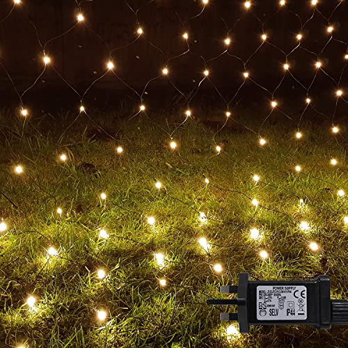 ANSIO® Christmas Net Lights Outdoor, 200 LED 2 x 2m Warm White Fairy Lights with Timer, Mains Powered Mesh Lights for Indoor Outdoor Xmas Trees, Windows, Garden Party Decorations