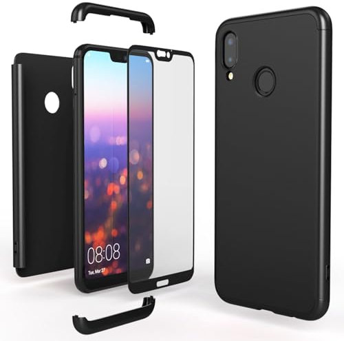 NALIA Rundum Handyhülle kompatibel mit Huawei P20 Lite, Cover 360° Grad Full-Body mit Displayschutzglas Doppel-Schutz, Slim Bumper Hard-Case 2 in1 Etui, Rückseite & Rahmen, Farbe:Schwarz