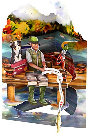 Santoro Swing-Karte, 3D-Pop-Up-Grußkarte – Angeln – für ihn, für Papa, Geburtstag, Vatertag (grau, weiß, braun, beige)