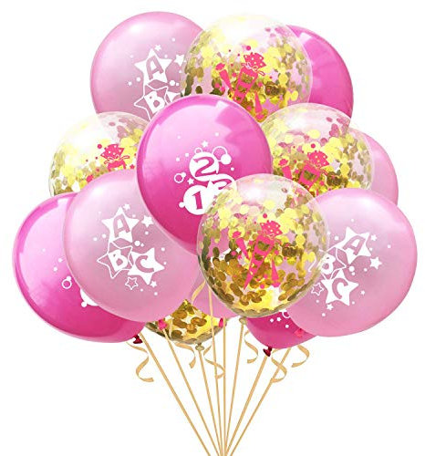 Oblique Unique® Konfetti Luftballon Set ABC 123 Zuckertüte für Schuleinführung Schulanfang Einschulung Schule Mädchen Deko Ballons im Rosa Gold