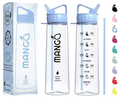 MANGO Sport Water Bottle With Straw - 900ml Motivational Water Bottle with Time Markings - Clear Water Bottle BPA Free Sports Bottles With Flip Nozzle And Leakproof Cap for Women and Men (Sky Blue)