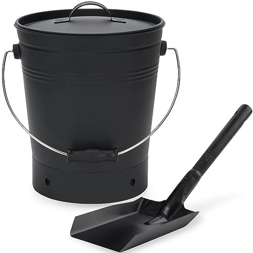 INNO STAGE Ash Eimer mit Deckel und Holzgriff Kohleschaufel, Aschenträger Pail Kamin Werkzeuge, Feuerstelle, Holzofen Schwarz