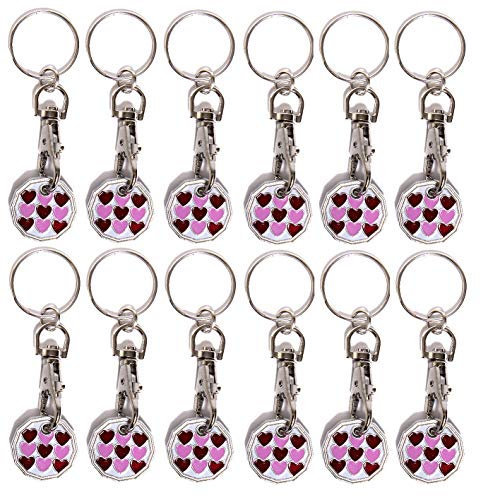 Pack of 12 x Shopping Trolley £1 Token Coin Keyring for Shop Trolley Locker etc - New £1 Coin 12 Edge Shape (12 x Pink Hearts)