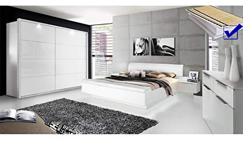 expendio Schlafzimmer Sophie 21D weiß teilweise Hochglanz Doppelbett mit 2X Nako Lattenrost Matratze Schwebetürenschrank Kommode