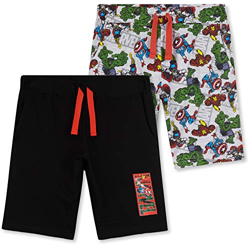Marvel Avengers Short Garçon 3 Ans à 14 Ans, Lot de 2 Bermuda Short en Coton Ceinture Elastique avec Poches, Ete Cadeau Garcon (Noir/Multi, 7-8 Ans)