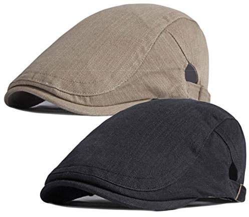 Qunson 2 Pack Cotton Ivy Flat Cap Newsboy Hat Gatsby Cabbie Driving Hat for Men, Schwarz/Khaki, Einheitsgröße