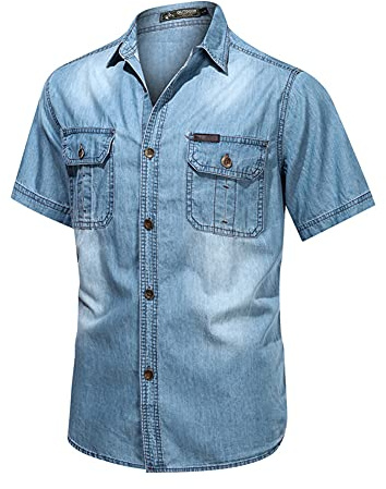Herren Jeanshemd Casual Retro Kurzarm Hemd Regular Fit Denim Shirt Freizeithemd Geknöpftes Hemd mit Brusttasche