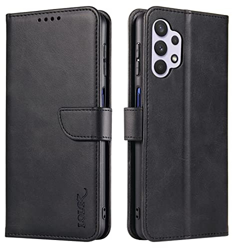 LOLFZ Étui portefeuille pour Samsung Galaxy A32 5G en cuir vintage avec porte-cartes et fermeture magnétique Noir