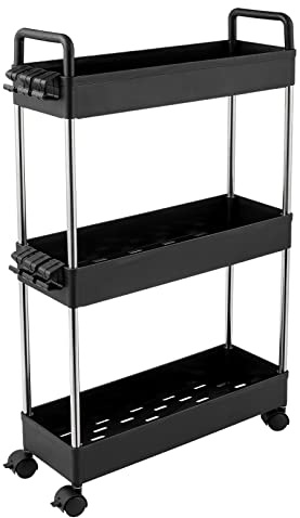 3-Tier Slim Storage Trolley Slide Out Rolling Utility Shelf Rack Storage Cart on Wheels Multi-purpose Shelving Unit Organizer for Kitchen/Bathroom/ Laundry Room/Office,Plastic & Stainless Steel(Black)