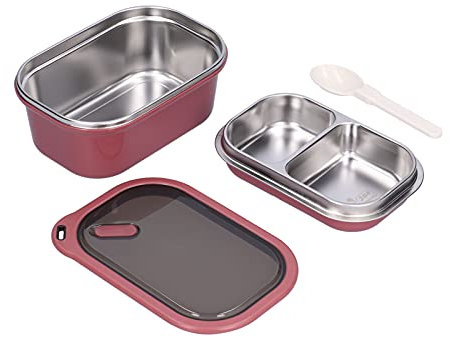 Tiiyee Stainless Steel Bento Box, 1.2L Double Layer Leakproof Lunch Container for Adults and Kids Square Food Storage Box with Detachable Spoon For School Office Picnic Travel (Red)