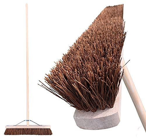 24” Wide Outdoor Broom Heavy Duty, Stiff Broom Outdoor with Natural Bassine Bristles and 120cm Long Handle, Large Garden Broom for Industrial Use, Wooden Broom Hard Broom for Yard, Garden, Warehouse