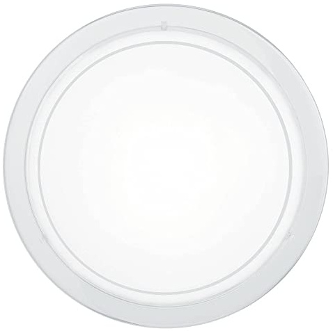 White Metal Trim & White Glass Shade Round Flush Ceiling & Wall Light | 29cm Diameter | 1 x ES E27 Lamp Required | UK Approved | Low Profile Height