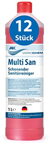 Sanitärreiniger und Kalklöser - Multi San 12x 1L - Profi-Badreiniger für den täglichen Gebrauch - SCHONEND - angenehmer Duft - für Waschbecken, Armaturen & Oberflächen - AK VARIOCHEMIE Made in Germany