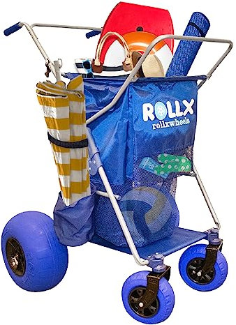 RollX Strandwagen mit 4 Ballonrädern für Sand, faltbarer Aufbewahrungswagen mit hinterer 13-Zoll-Strandreifen, Vorderreifen für 17,8 cm (Pumpe im Lieferumfang enthalten) (Blau)