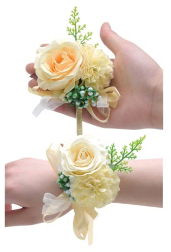 2 Stück Blumen-Ansteckblume für Handgelenk,7,6 cm künstliche Rose und Nelke, Handgelenk-Ansteckblume und Herren-Boutonniere-Set, handgefertigte Seidenblume für Hochzeitsblumen,Abschlussball(beige)