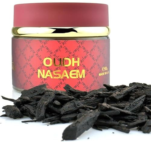 Oudh Nasaem Räucherstäbchen Bakhoor 60 g – langanhaltende arabische Oud-Holzspäne von Nabeel | Blumiger & holziger Duft | Gratis JRose Trolley Münze Schlüsselanhänger – ideal für Zuhause, Gebet