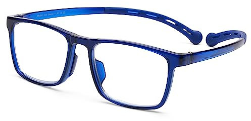 DOOViC Lesebrille um den Hals Blaulichtfilter Blau/Eckig Rahmen Flexible Büegel Brille mit Stärke für Herren/Damen 2,25