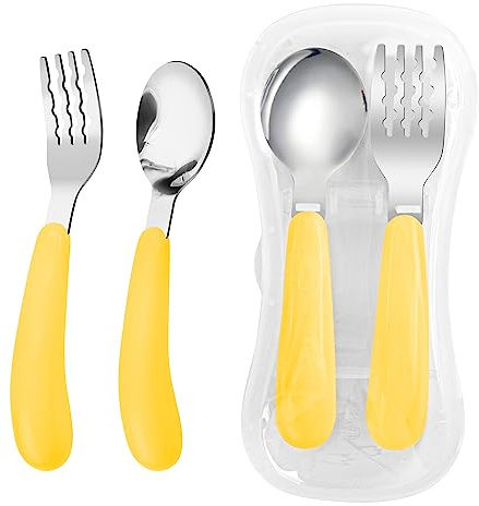 VANRA Lot de 2 fourchettes et cuillères pour enfant avec étui de voyage en acier inoxydable 18/8 - Couverts pour enfants - Couverts pour l'école - Boîte à déjeuner (jaune)