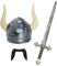 Adults Viking Accessory Set - Silver Plastic Viking Helmet With Horns, Plastic Sword, and Black Moustache - Perfect for Halloween, Viking Parties, Movie Character Dress Up or Other Fancy Dress Events