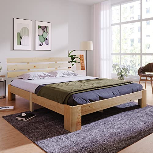 Merax Letto in legno massiccio, letto matrimoniale, telaio in legno con testiera e rete a doghe, 140 x 200 cm, supporto per doghe in legno, spazio sotto il letto, mobili per camera da letto, rovere