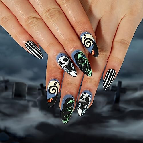 SINLOV Halloween Spider 24pcs Almond False Nails Black Pumpkin Human Skeleton Long Press on Nails French Fake Nails for Women and Girls