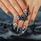 SINLOV Halloween Spider 24pcs Almond False Nails Black Pumpkin Human Skeleton Long Press on Nails French Fake Nails for Women and Girls